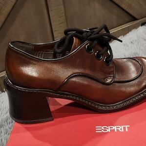 Esprit Brown Leather Heeled Oxford Shoes